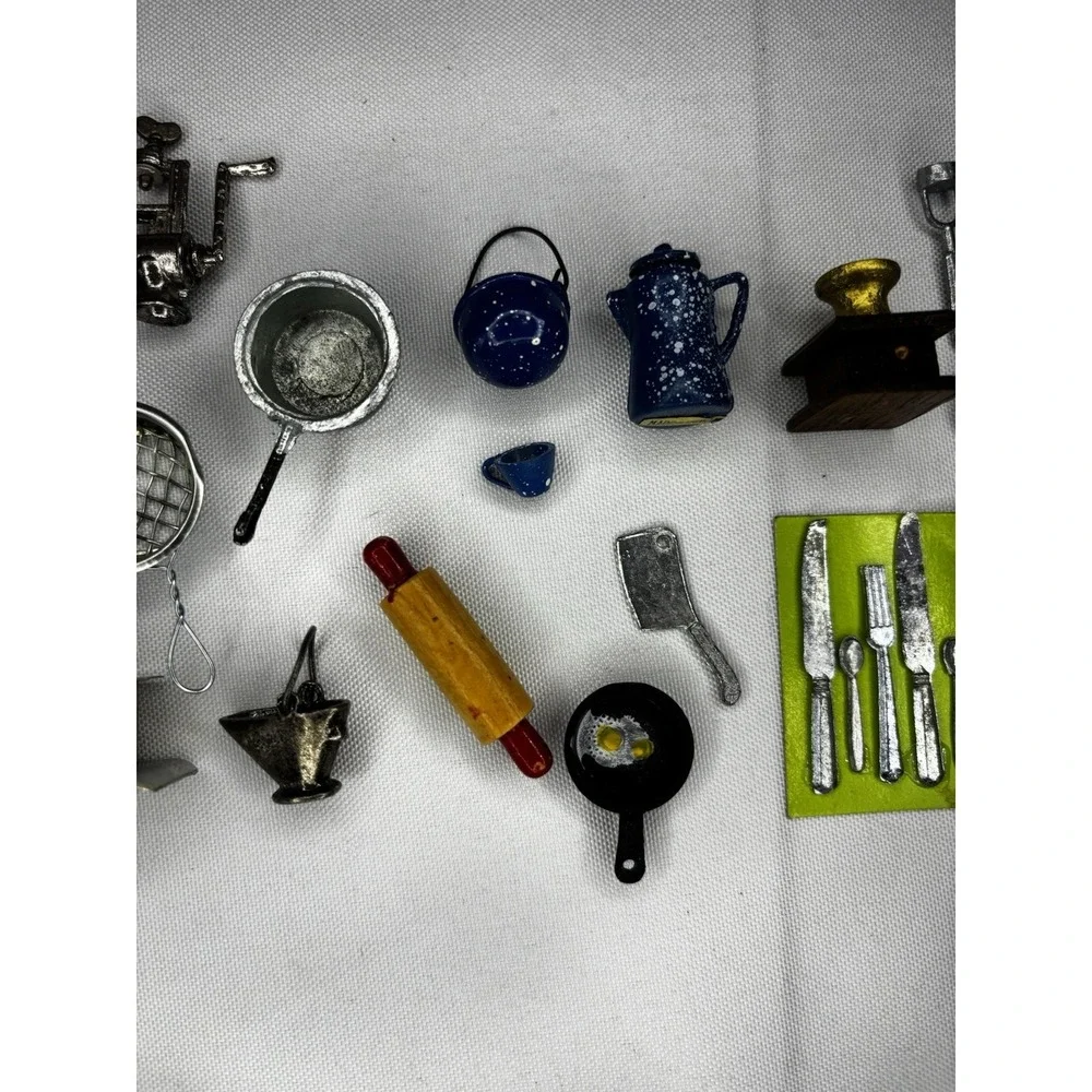 25 Dollhouse Miniature Kitchen Baking Pans, Silverware, Iron, Grinder, Utensils